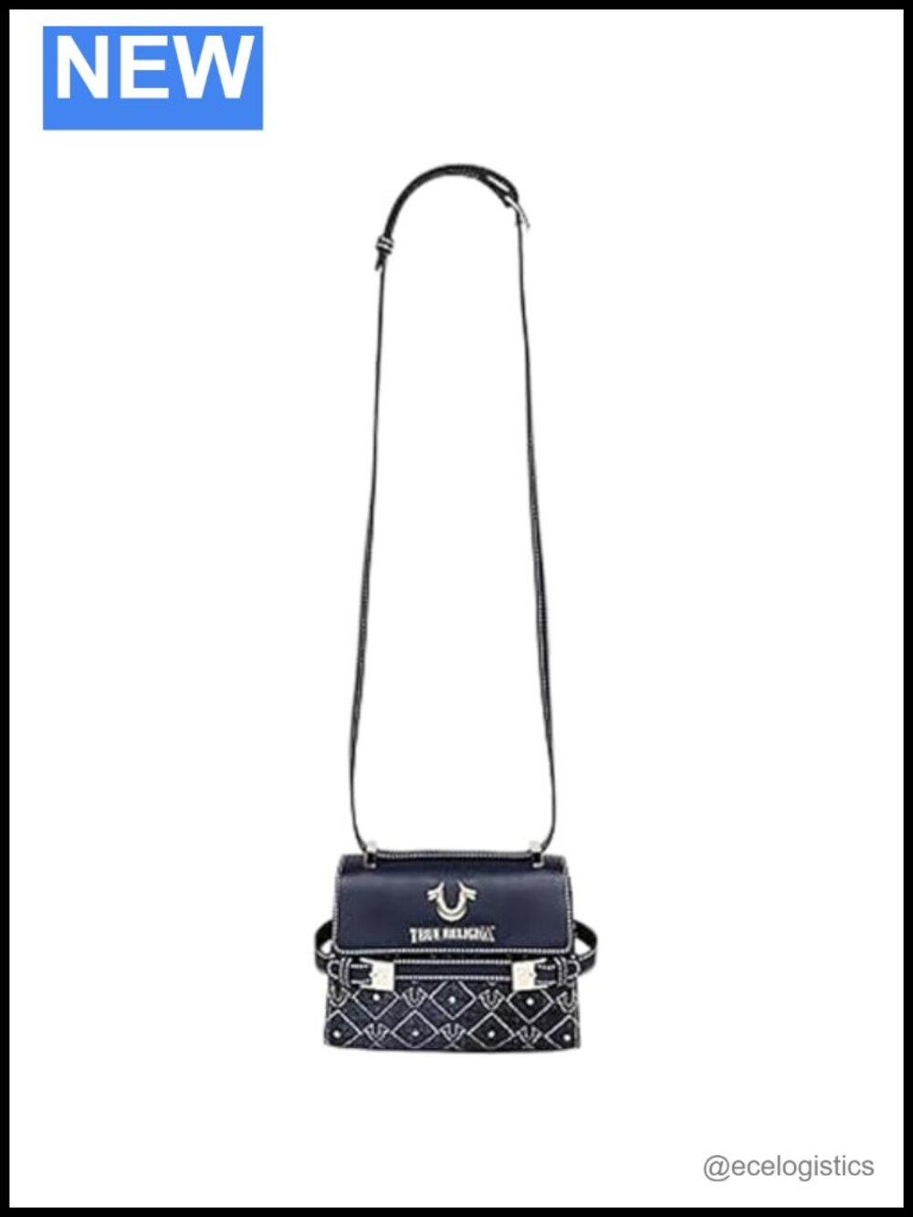 Denim Crossbody Flap Bag with Stud Accents and Horseshoe Logo